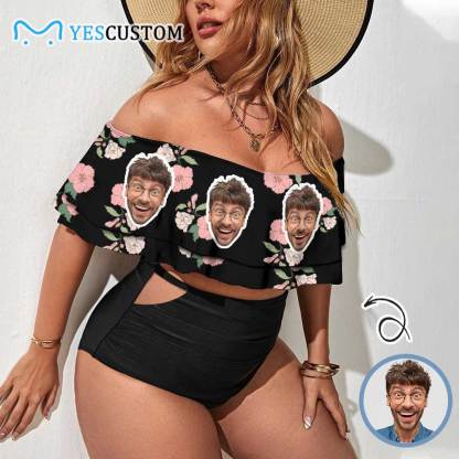Custom #Plus Size Off Shoulder Bikini-Custom Face Pink And White Flowers 2 Ways to Wear Ruffle High Waisted Bikini Set Two Pieces Swimsuit Beachwear - YesCustom