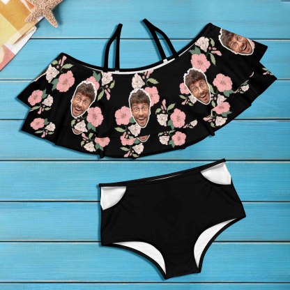 Custom #Plus Size Off Shoulder Bikini-Custom Face Pink And White Flowers 2 Ways to Wear Ruffle High Waisted Bikini Set Two Pieces Swimsuit Beachwear - YesCustom