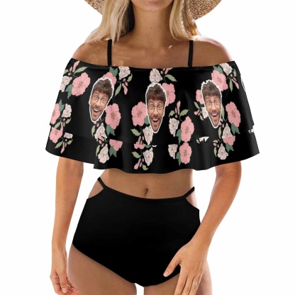 Custom #Plus Size Off Shoulder Bikini-Custom Face Pink And White Flowers 2 Ways to Wear Ruffle High Waisted Bikini Set Two Pieces Swimsuit Beachwear - YesCustom