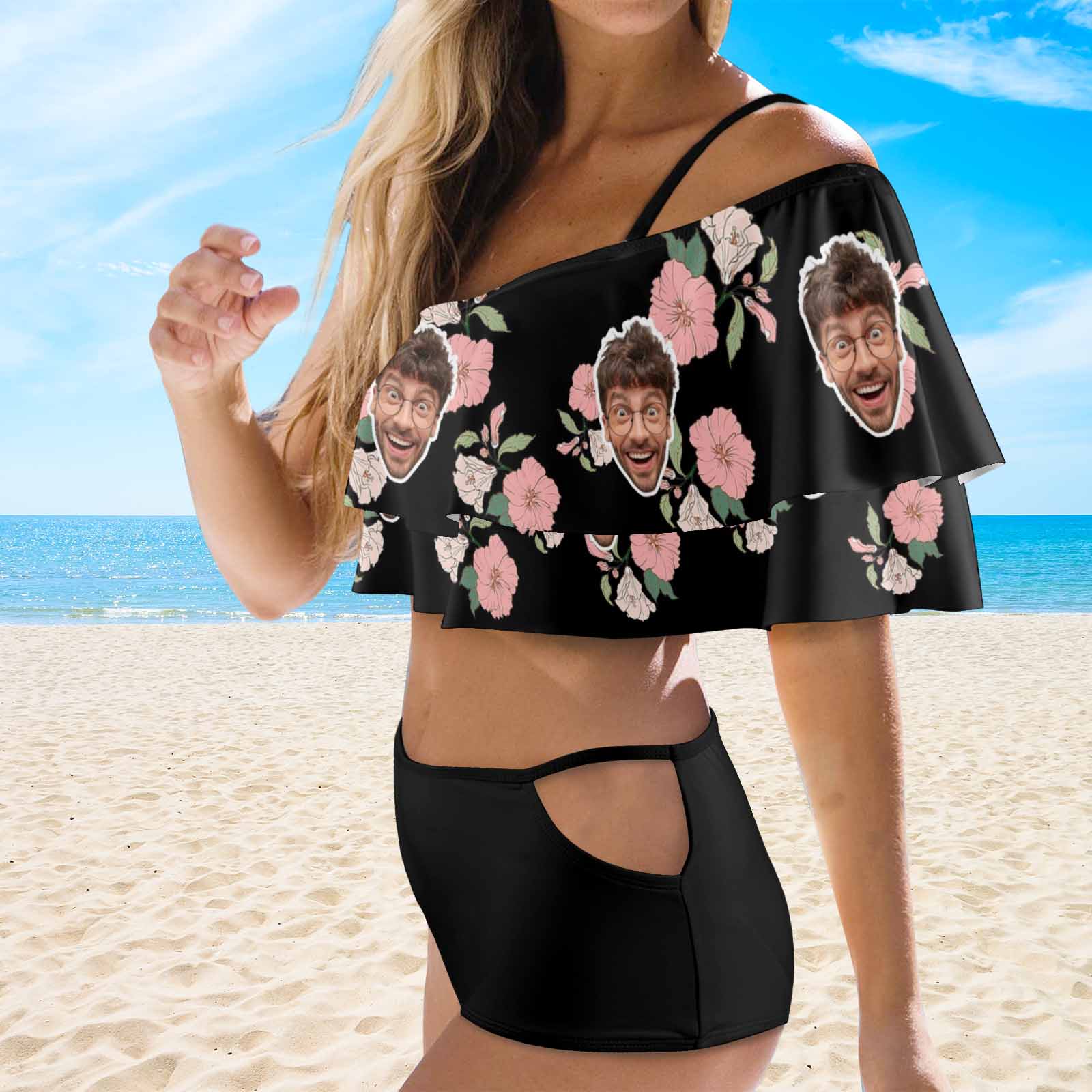 Custom #Plus Size Off Shoulder Bikini-Custom Face Pink And White Flowers 2 Ways to Wear Ruffle High Waisted Bikini Set Two Pieces Swimsuit Beachwear - YesCustom