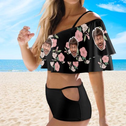 Custom #Plus Size Off Shoulder Bikini-Custom Face Pink And White Flowers 2 Ways to Wear Ruffle High Waisted Bikini Set Two Pieces Swimsuit Beachwear - YesCustom