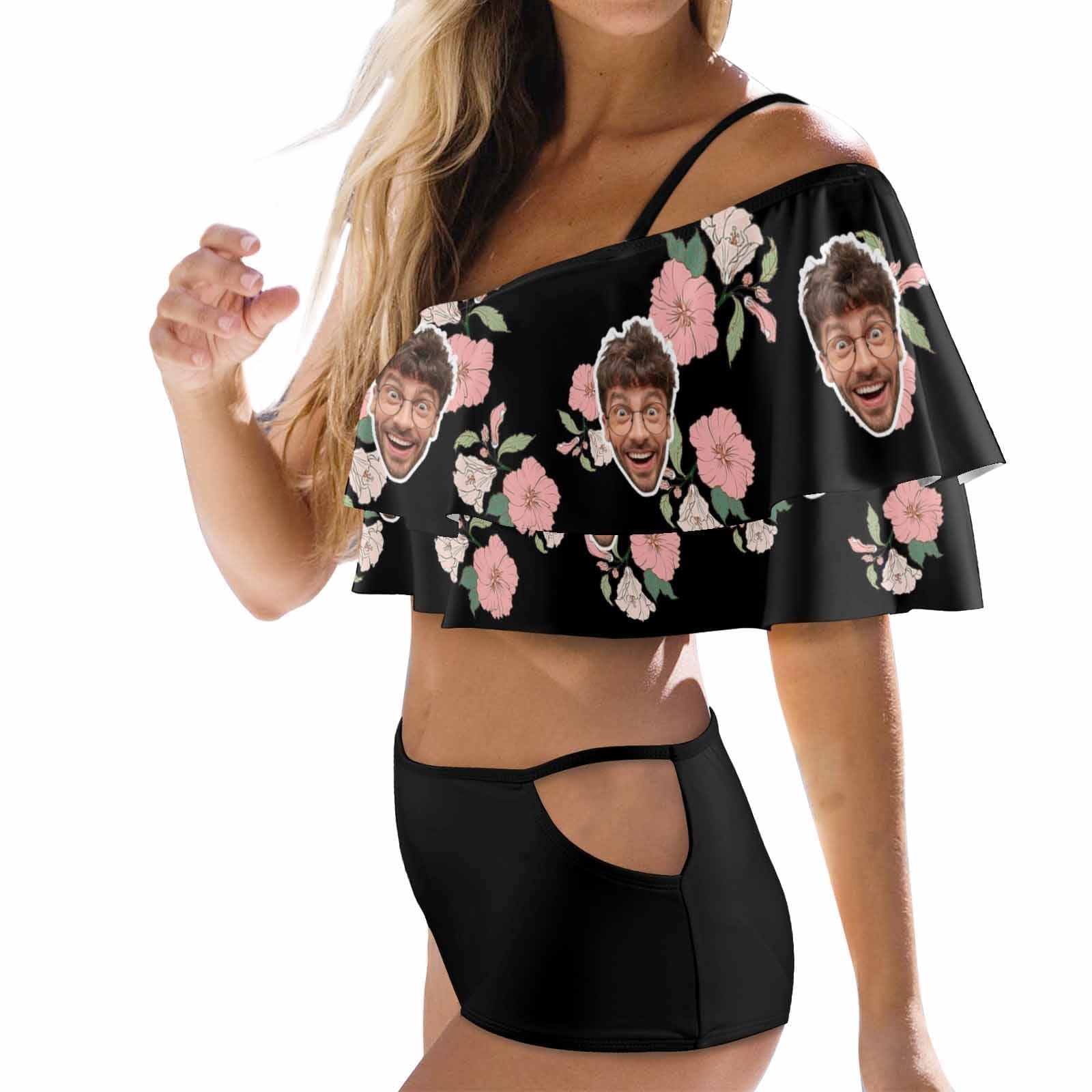 Custom #Plus Size Off Shoulder Bikini-Custom Face Pink And White Flowers 2 Ways to Wear Ruffle High Waisted Bikini Set Two Pieces Swimsuit Beachwear - YesCustom
