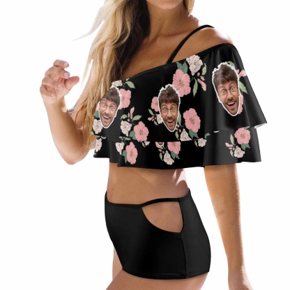 Custom #Plus Size Off Shoulder Bikini-Custom Face Pink And White Flowers 2 Ways to Wear Ruffle High Waisted Bikini Set Two Pieces Swimsuit Beachwear - YesCustom