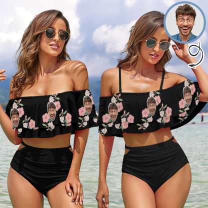 Custom #Plus Size Off Shoulder Bikini-Custom Face Pink And White Flowers 2 Ways to Wear Ruffle High Waisted Bikini Set Two Pieces Swimsuit Beachwear - YesCustom