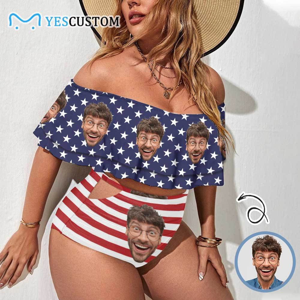 Custom #Plus Size Off Shoulder Bikini-Custom Face Stars Red Stripe 2 Ways to Wear Ruffle High Waisted Bikini Set Two Pieces Swimsuit Beachwear - YesCustom