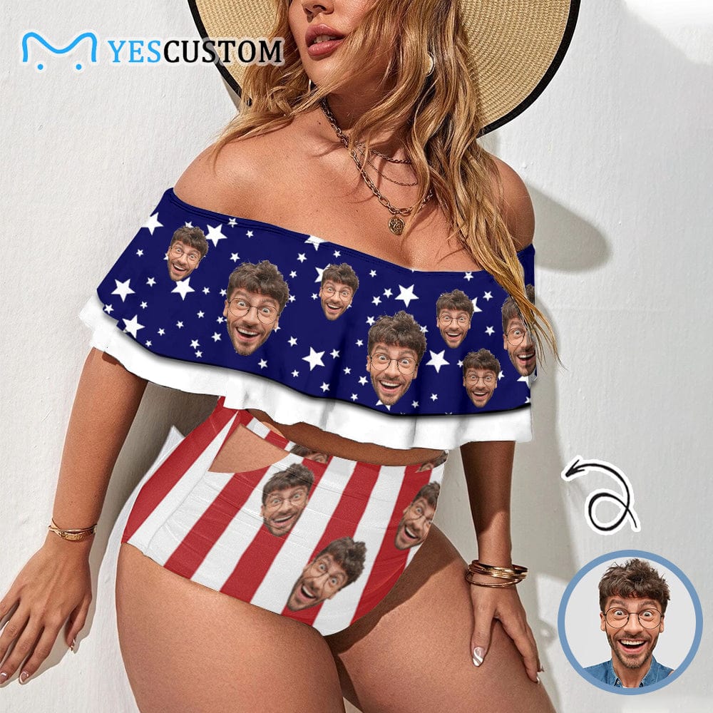 Custom #Plus Size Off Shoulder Bikini-Custom Face Stars Stripe Women's Two-Piece Off Shoulder or Sling 2 Ways to Wear Ruffle High Waisted Bikini Set - YesCustom