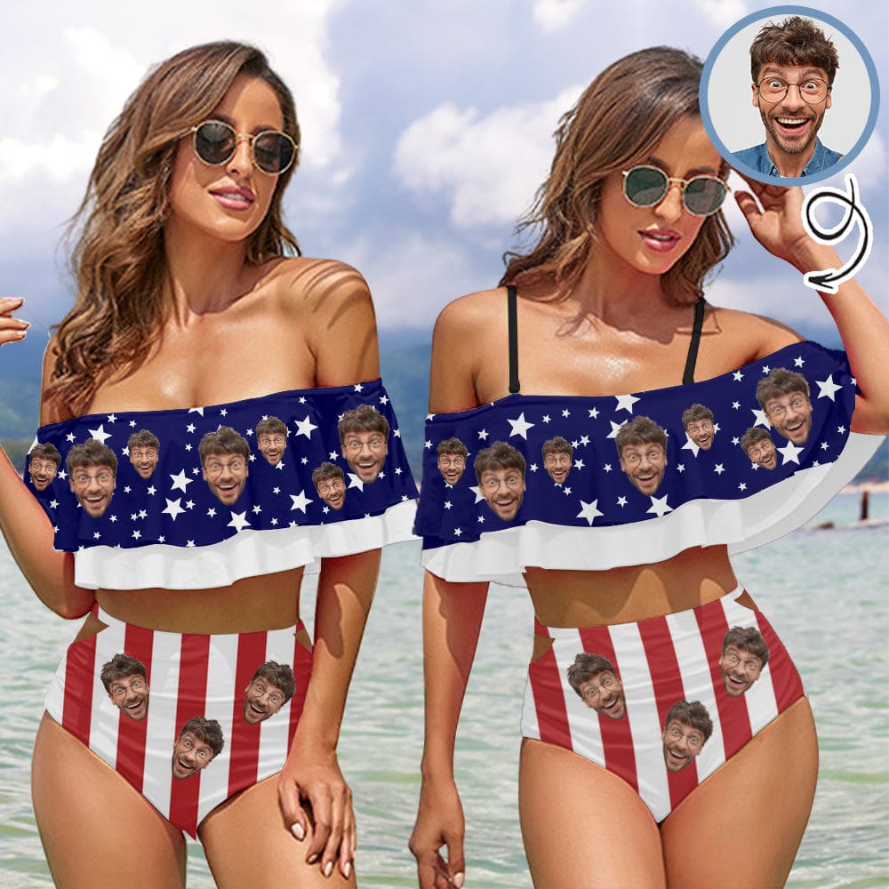 Custom #Plus Size Off Shoulder Bikini-Custom Face Stars Stripe Women's Two-Piece Off Shoulder or Sling 2 Ways to Wear Ruffle High Waisted Bikini Set - YesCustom