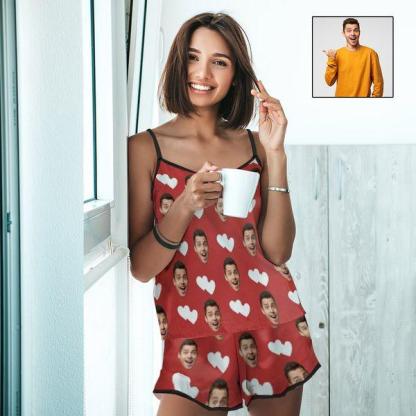 Custom #Plus Size Pajama Set-Custom Face Pajamas Love Red Sleepwear Personalized Women's Sexy Cami Pajama Set Honeymoon Gift for Her - YesCustom