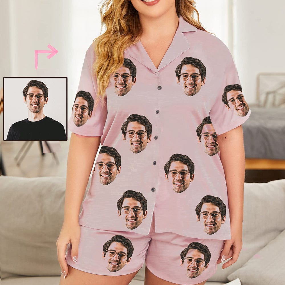 Custom #Plus Size Pajama Set-[Up To 4 Faces] Custom Face Solid Color Loungewear Personalized Photo Sleepwear Women's V-Neck Short Pajama Set - YesCustom