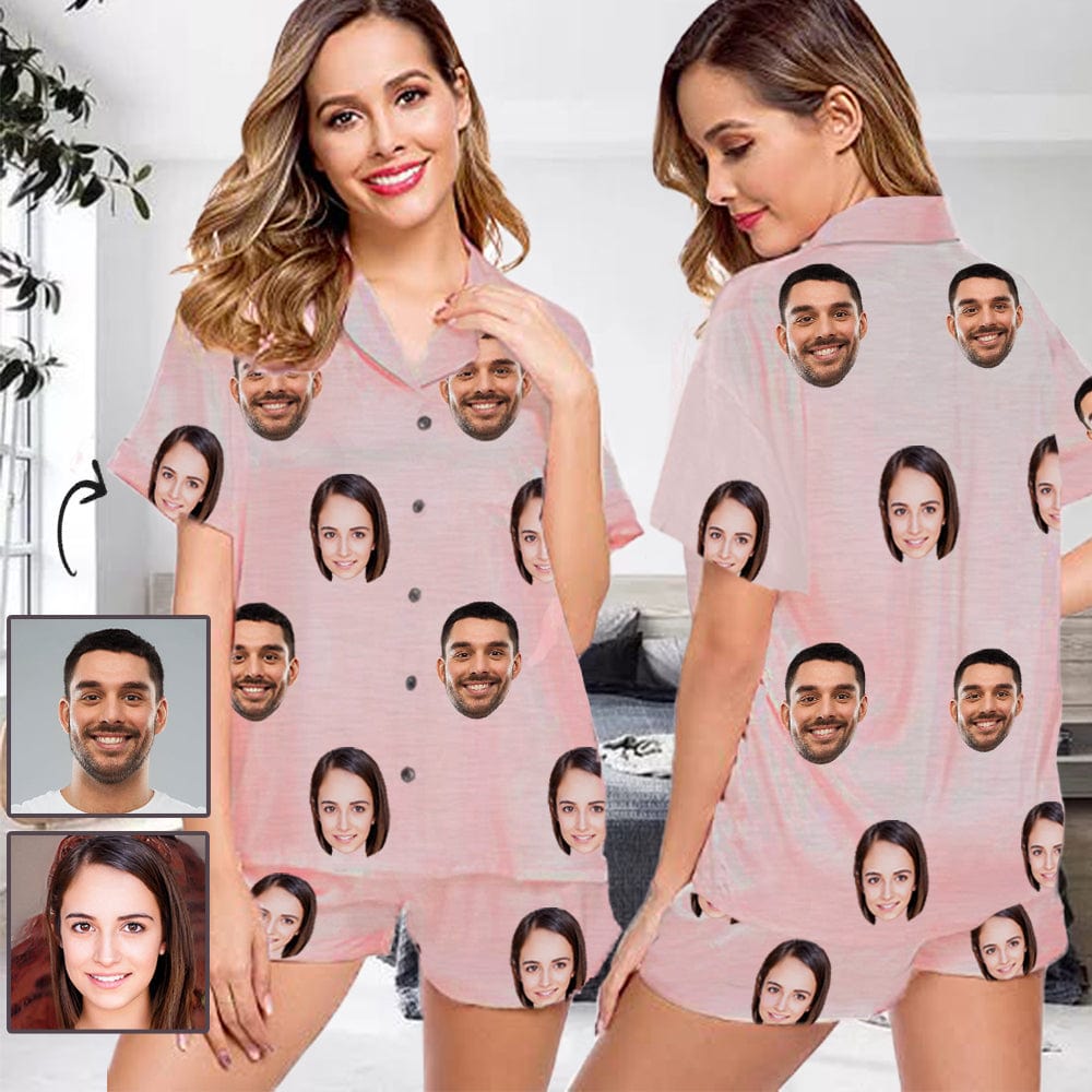 Custom #Plus Size Pajama Set-[Up To 4 Faces] Custom Face Solid Color Loungewear Personalized Photo Sleepwear Women's V-Neck Short Pajama Set - YesCustom