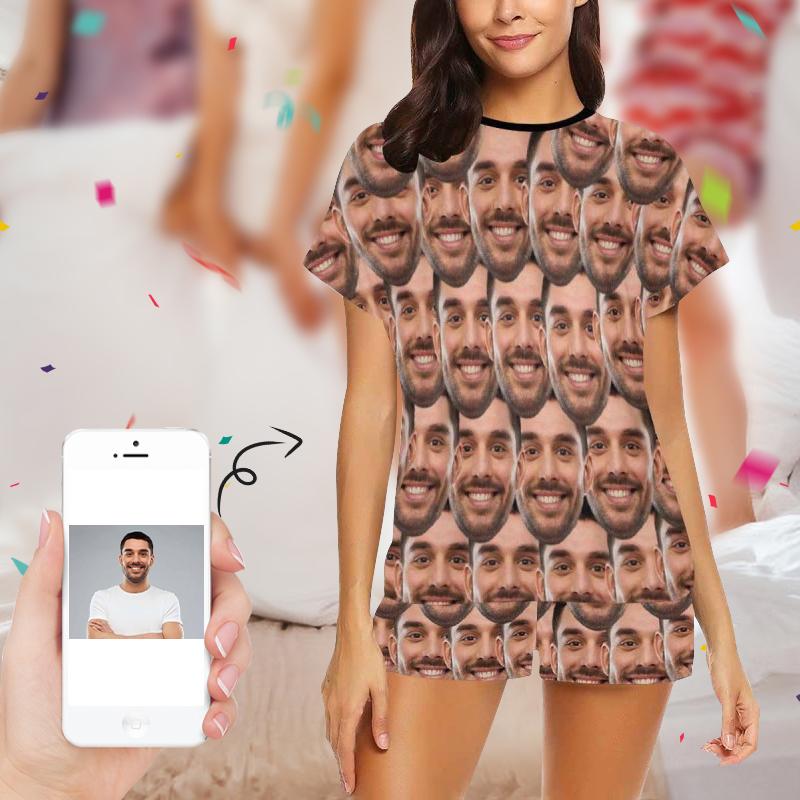 Custom Custom Boyfriend Seamless Face Pajamas Sleep Loungewear Personalized Women's Short Pajama Set - YesCustom