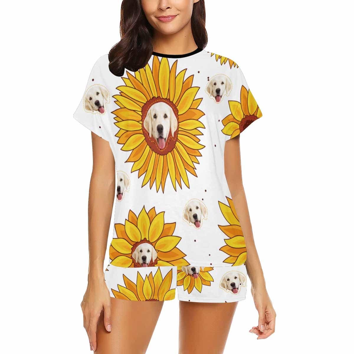 Custom #Plus Size Pajamas-Custom Womens Short Pajamas Yellow Sunflower Loungewear Face Personalized Women's Short Pajama Set - YesCustom