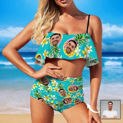 Custom #Plus Size Ruffle Bikini-Custom Face Pineapple Ruffle Bikini Plus Size Swimwear Personalized Bathing Suit Women's Two Piece High Waisted Bikini Swimsuit Summer Beach Pool Outfits - YesCustom
