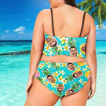 Custom #Plus Size Ruffle Bikini-Custom Face Pineapple Ruffle Bikini Plus Size Swimwear Personalized Bathing Suit Women's Two Piece High Waisted Bikini Swimsuit Summer Beach Pool Outfits - YesCustom