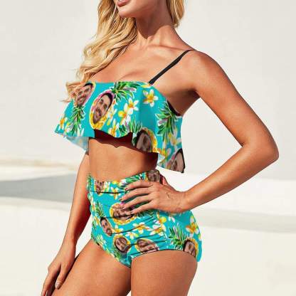 Custom #Plus Size Ruffle Bikini-Custom Face Pineapple Ruffle Bikini Plus Size Swimwear Personalized Bathing Suit Women's Two Piece High Waisted Bikini Swimsuit Summer Beach Pool Outfits - YesCustom