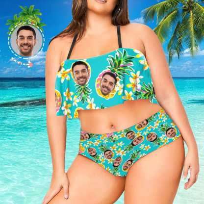 Custom #Plus Size Ruffle Bikini-Custom Face Pineapple Ruffle Bikini Plus Size Swimwear Personalized Bathing Suit Women's Two Piece High Waisted Bikini Swimsuit Summer Beach Pool Outfits - YesCustom