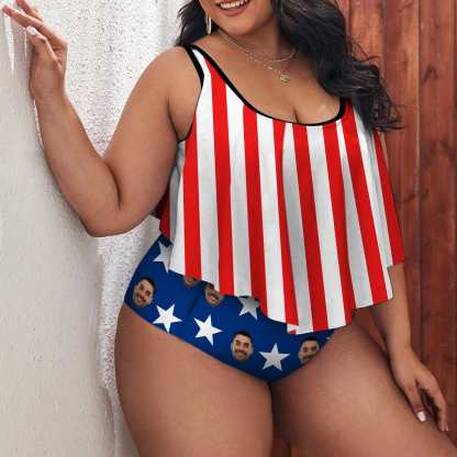 Custom #Ruffle Tankini #4th of July #Plus Size Up 5XL Custom Face American Flag Ruffle Tankini Swimsuit Personalized Women's Two Piece Bathing Suit Summer Set Beach Pool Outfits - YesCustom