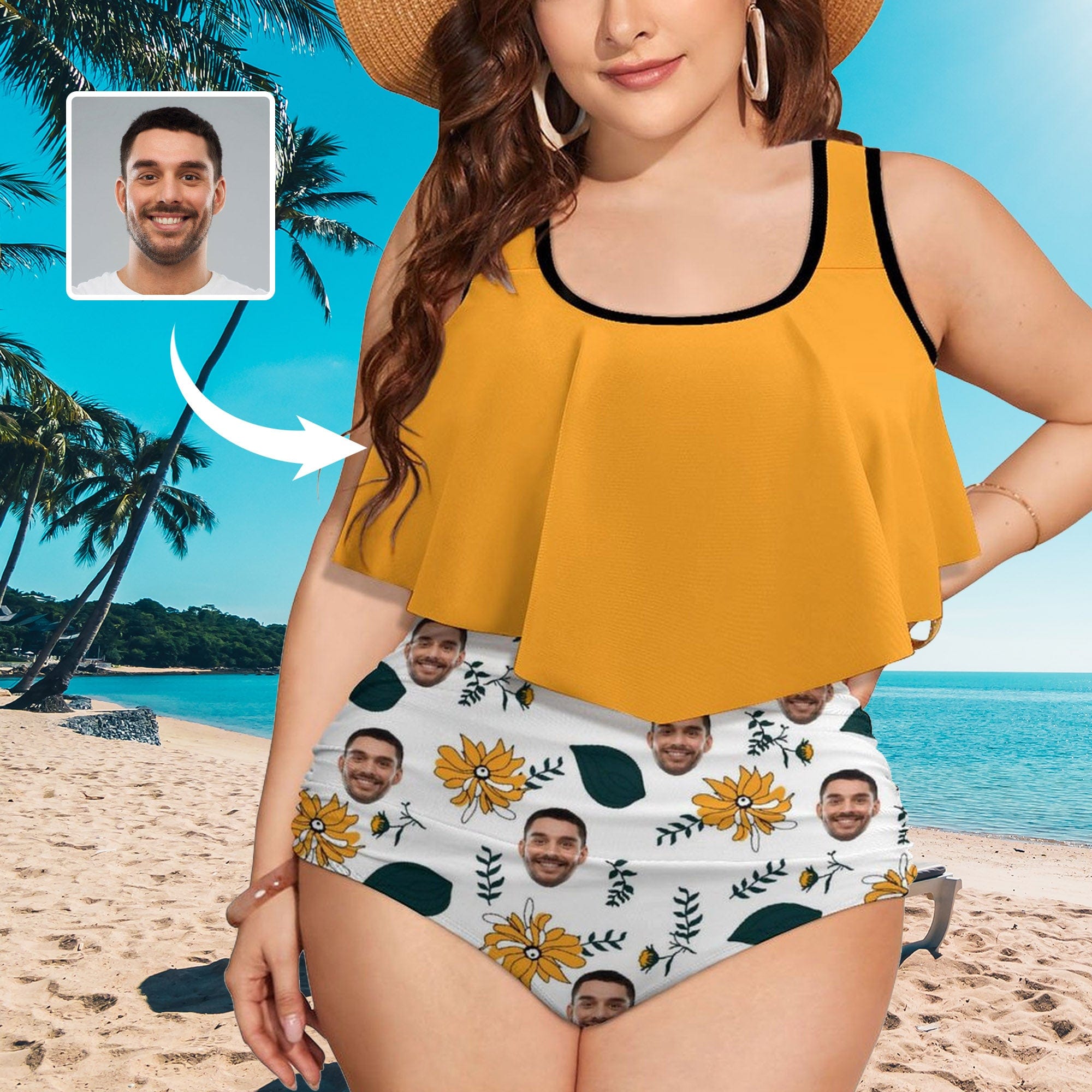 Custom #Plus Size Ruffle Tankini-Custom Face Chrysanthemum Plus Size Swimsuit Ruffle High Waisted Bikini PersonalizedTankini Women's Two Piece Summer Swimsuit Cover Your Tummy - YesCustom