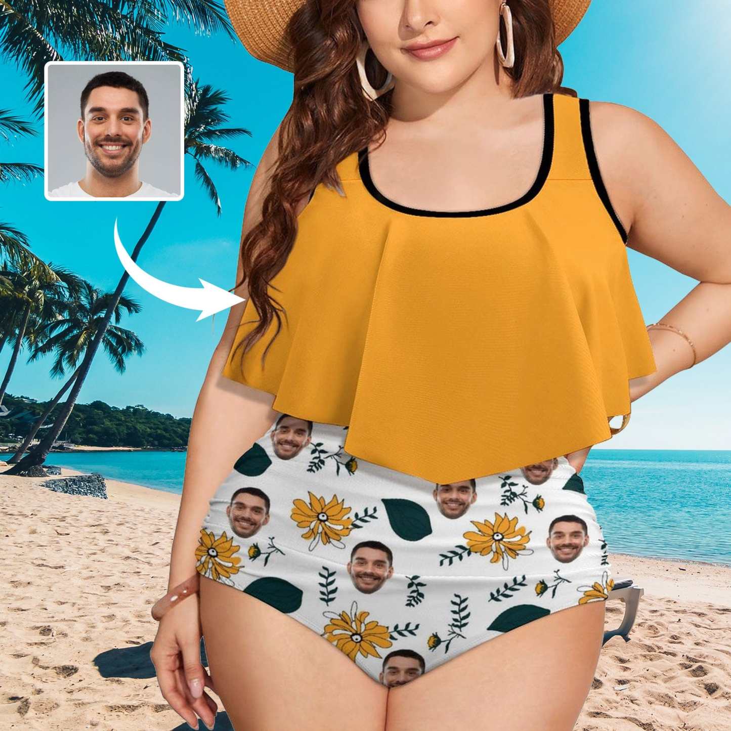 Custom #Plus Size Ruffle Tankini-Custom Face Chrysanthemum Plus Size Swimsuit Ruffle High Waisted Bikini PersonalizedTankini Women's Two Piece Summer Swimsuit Cover Your Tummy - YesCustom