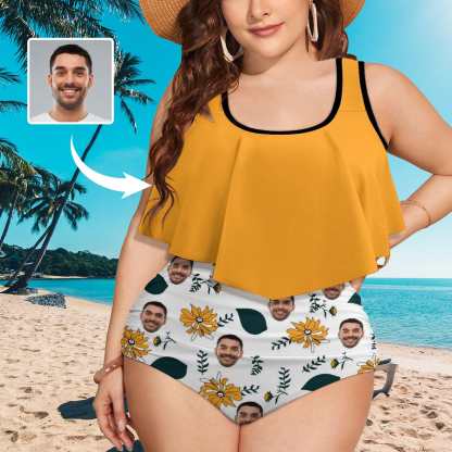 Custom #Plus Size Ruffle Tankini-Custom Face Chrysanthemum Plus Size Swimsuit Ruffle High Waisted Bikini PersonalizedTankini Women's Two Piece Summer Swimsuit Cover Your Tummy - YesCustom