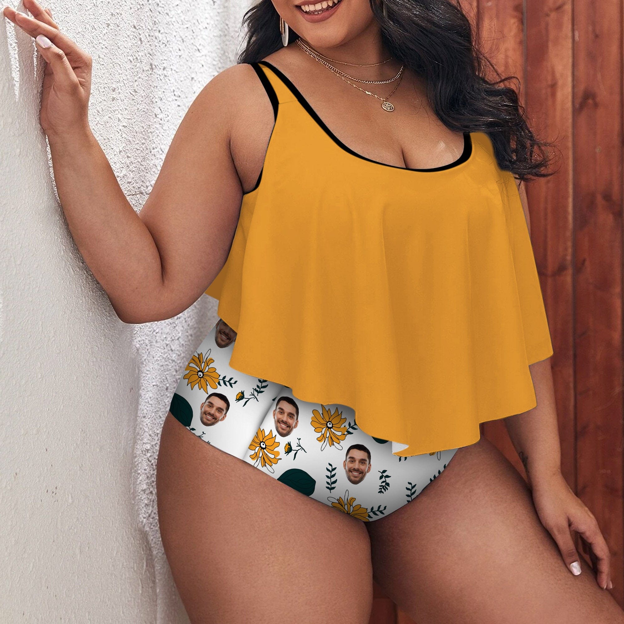 Custom #Plus Size Ruffle Tankini-Custom Face Chrysanthemum Plus Size Swimsuit Ruffle High Waisted Bikini PersonalizedTankini Women's Two Piece Summer Swimsuit Cover Your Tummy - YesCustom