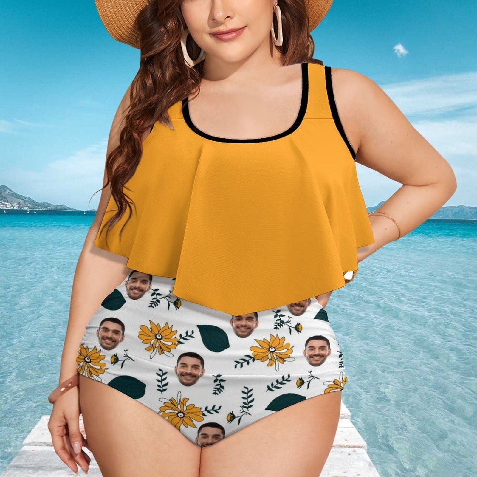 Custom #Plus Size Ruffle Tankini-Custom Face Chrysanthemum Plus Size Swimsuit Ruffle High Waisted Bikini PersonalizedTankini Women's Two Piece Summer Swimsuit Cover Your Tummy - YesCustom
