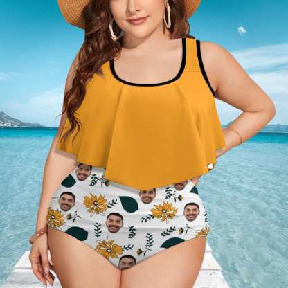 Custom #Plus Size Ruffle Tankini-Custom Face Chrysanthemum Plus Size Swimsuit Ruffle High Waisted Bikini PersonalizedTankini Women's Two Piece Summer Swimsuit Cover Your Tummy - YesCustom