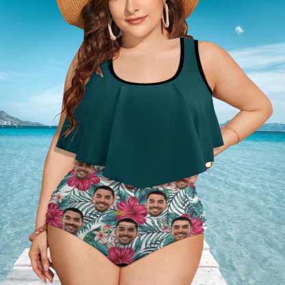 Custom #Plus Size Ruffle Tankini-Custom Face Green Plus Size Swimsuit Ruffle High Waisted Bikini Personalized Tankini Women's Two Piece Summer Swimsuit Cover Your Tummy - YesCustom