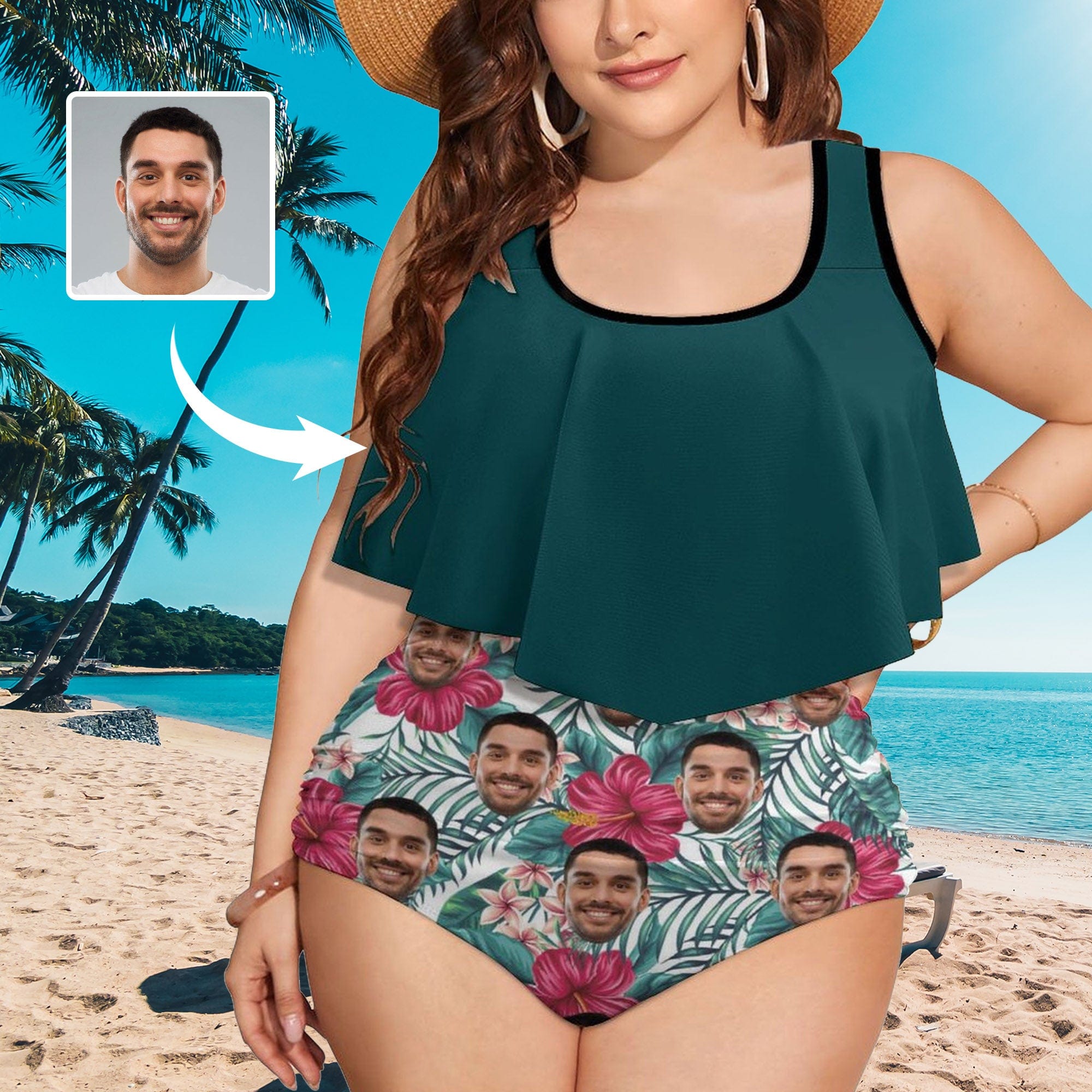 Custom #Plus Size Ruffle Tankini-Custom Face Green Plus Size Swimsuit Ruffle High Waisted Bikini Personalized Tankini Women's Two Piece Summer Swimsuit Cover Your Tummy - YesCustom