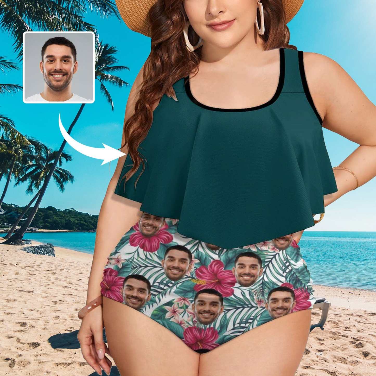 Custom #Plus Size Ruffle Tankini-Custom Face Green Plus Size Swimsuit Ruffle High Waisted Bikini Personalized Tankini Women's Two Piece Summer Swimsuit Cover Your Tummy - YesCustom