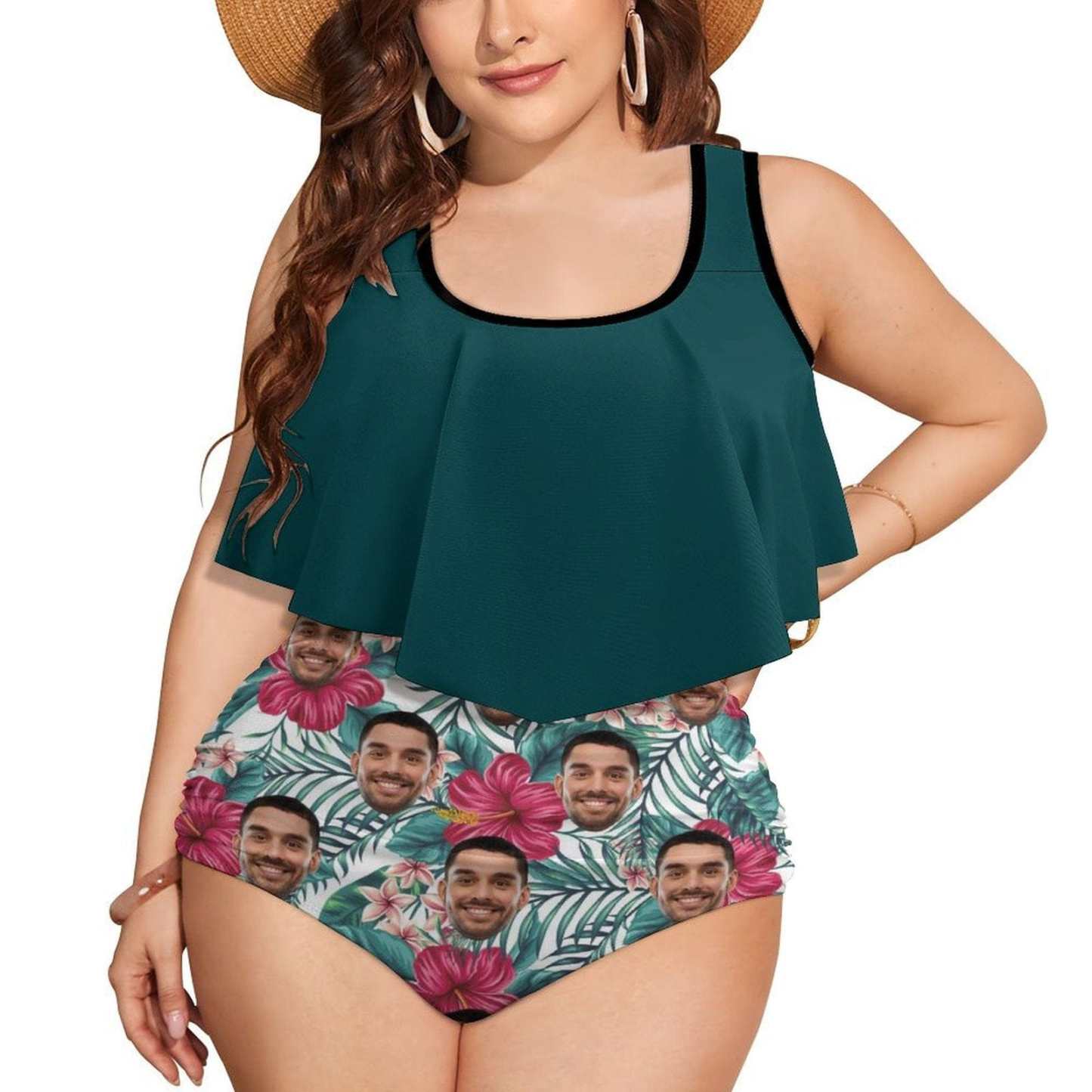 Custom #Plus Size Ruffle Tankini-Custom Face Green Plus Size Swimsuit Ruffle High Waisted Bikini Personalized Tankini Women's Two Piece Summer Swimsuit Cover Your Tummy - YesCustom
