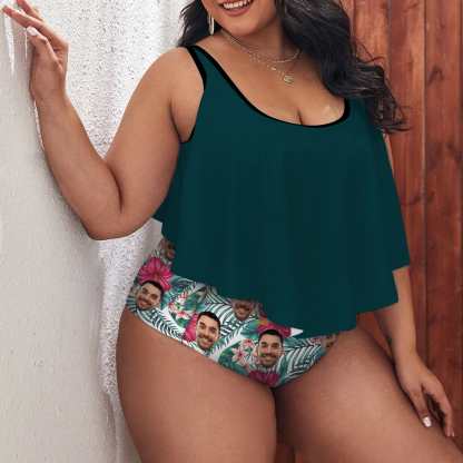 Custom #Plus Size Ruffle Tankini-Custom Face Green Plus Size Swimsuit Ruffle High Waisted Bikini Personalized Tankini Women's Two Piece Summer Swimsuit Cover Your Tummy - YesCustom