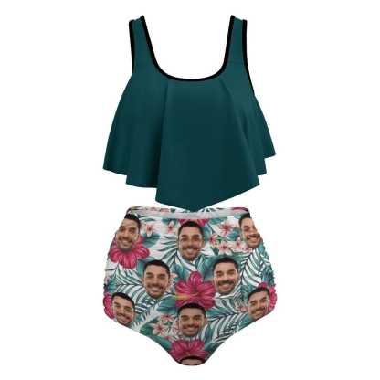 Custom #Plus Size Ruffle Tankini-Custom Face Green Plus Size Swimsuit Ruffle High Waisted Bikini Personalized Tankini Women's Two Piece Summer Swimsuit Cover Your Tummy - YesCustom