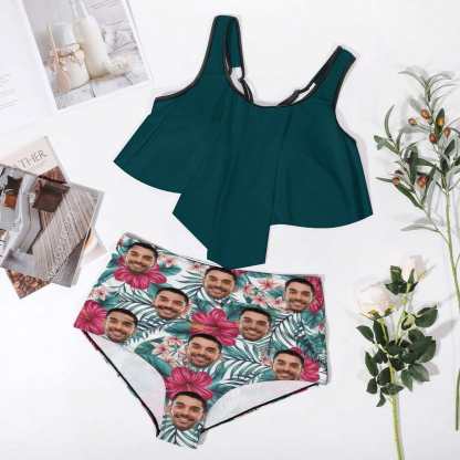 Custom #Plus Size Ruffle Tankini-Custom Face Green Plus Size Swimsuit Ruffle High Waisted Bikini Personalized Tankini Women's Two Piece Summer Swimsuit Cover Your Tummy - YesCustom