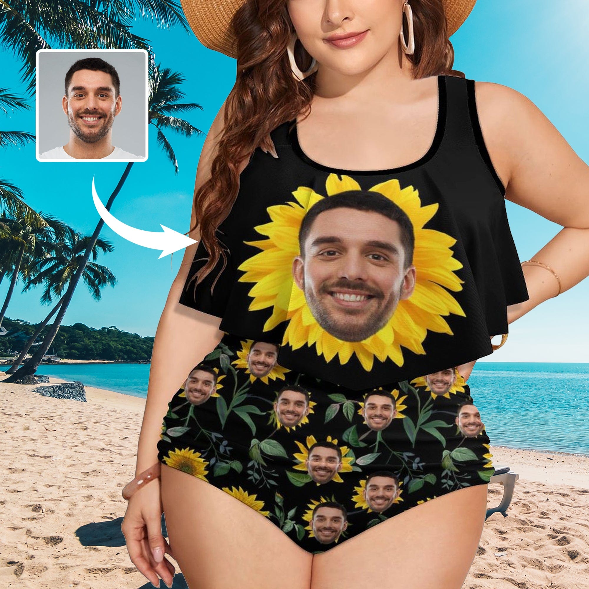 Custom #Plus Size Ruffle Tankini-Custom Face Sunflowers Plus Size Swimsuit Ruffle High Waisted Bikini Personalized Tankini Women's Two Piece Summer Swimsuit Cover Your Tummy - YesCustom