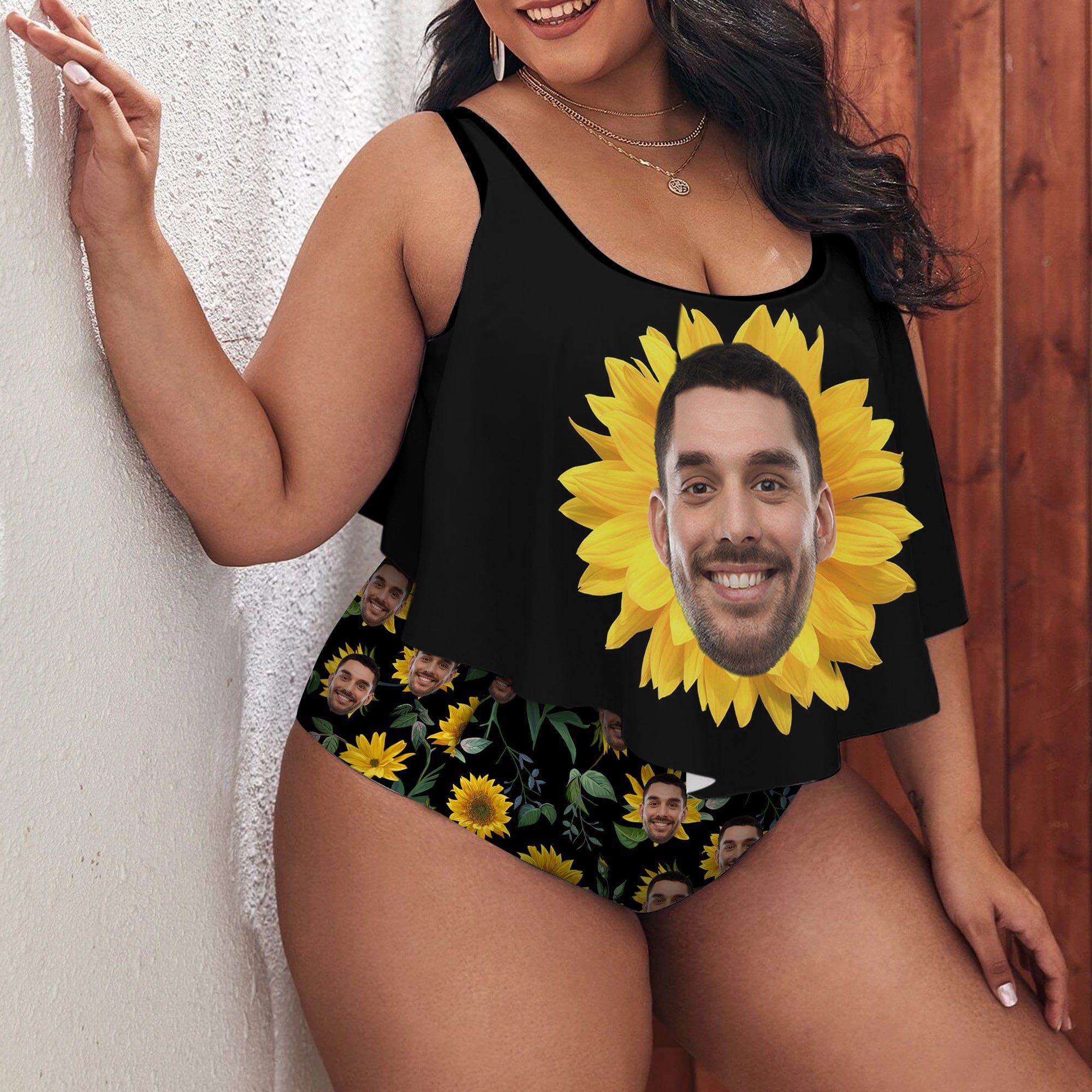 Custom #Plus Size Ruffle Tankini-Custom Face Sunflowers Plus Size Swimsuit Ruffle High Waisted Bikini Personalized Tankini Women's Two Piece Summer Swimsuit Cover Your Tummy - YesCustom