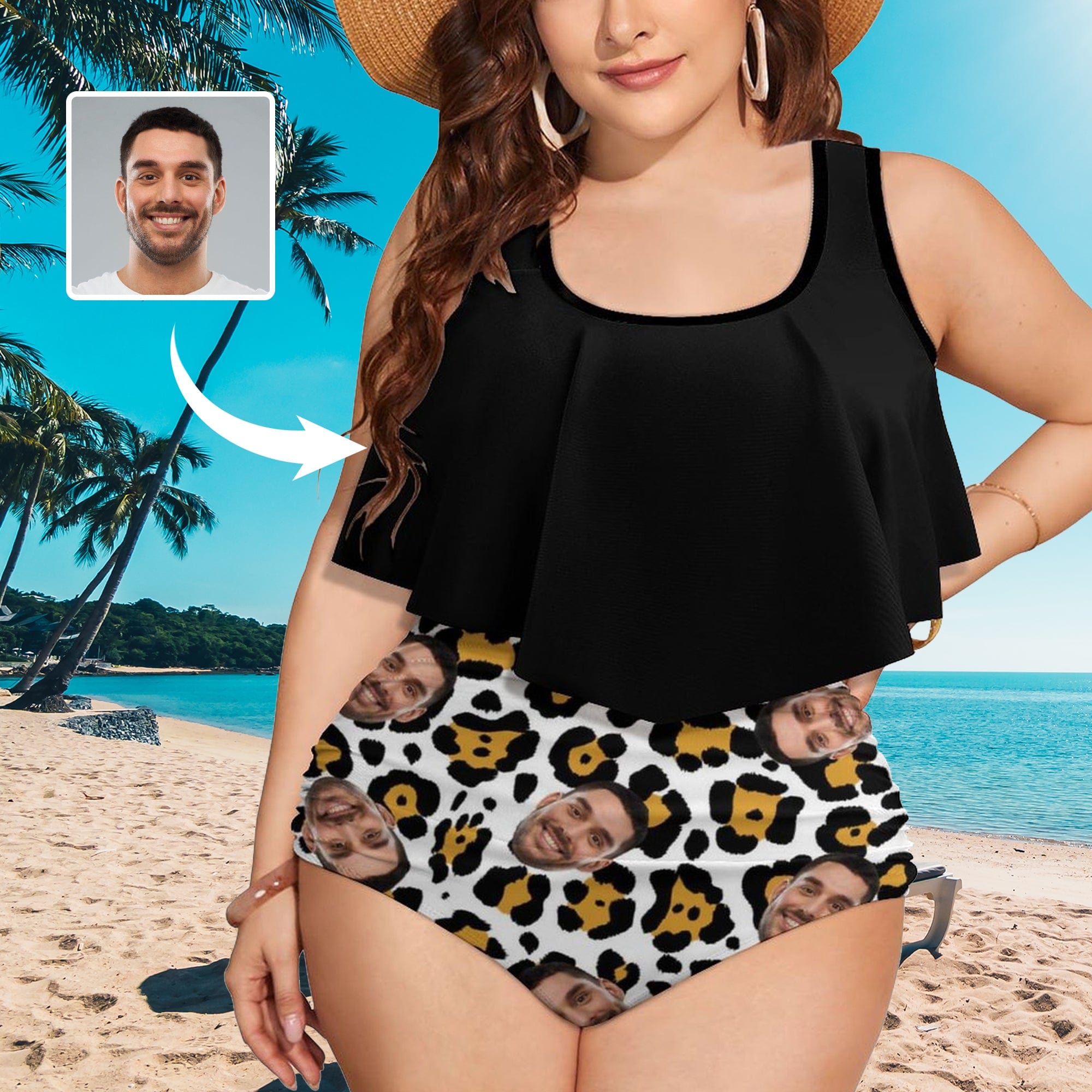 Custom #Plus Size Ruffle Tankini-Custom Face White Leopard Plus Size Swimsuit Ruffle High Waisted Tankini Personalized Bathing Suit Women's Two Piece Summer Swimsuit Cover Your Tummy - YesCustom