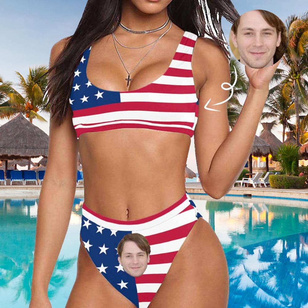 Custom Custom Face American Flag Scoop Neck Sport Top High Waisted Bikini Swimsuits Personalized Women's Two Piece Bathing Suit Beach Outfits - YesCustom