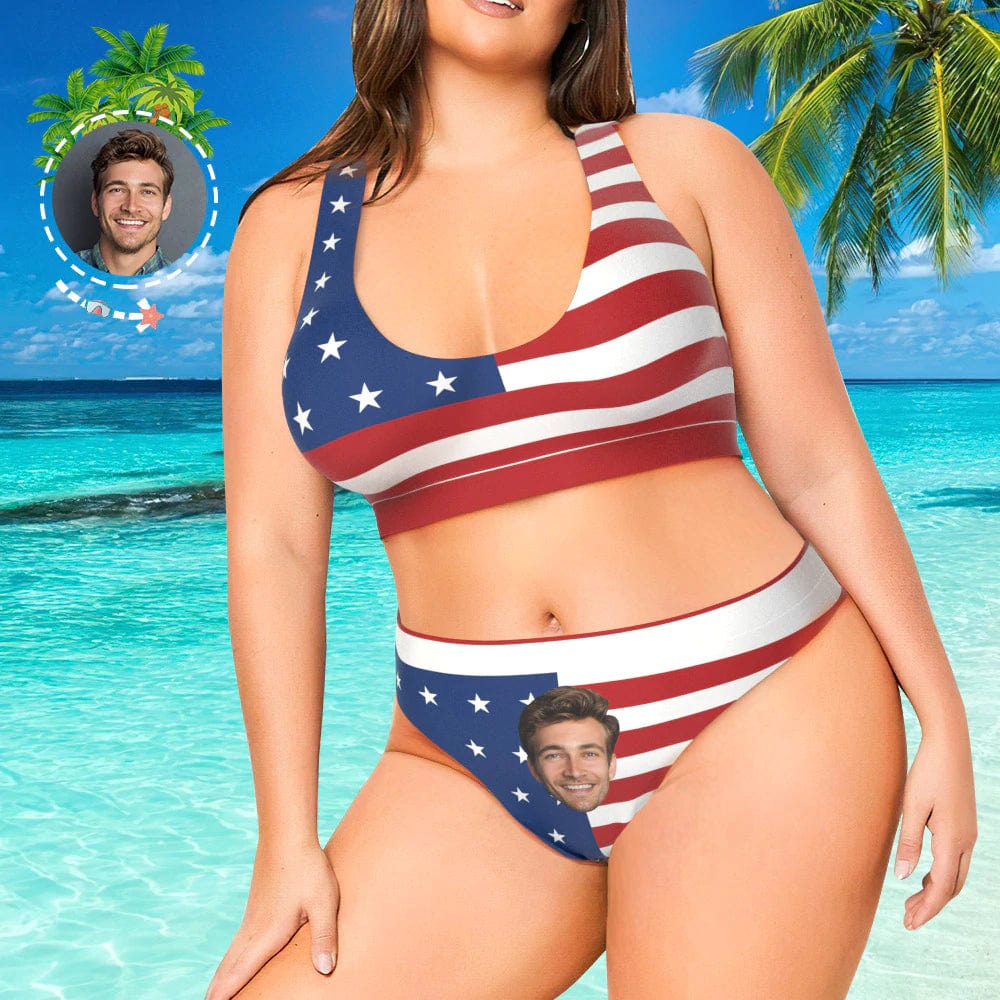 Custom #Plus Size Sport Bikini-Custom Face American Flag Plus Size Swimsuit Scoop Neck Sport Top High Waisted Bikini Plus Size Swimwear Personalized Women's Two Piece Swimsuit Beach Outfits - YesCustom