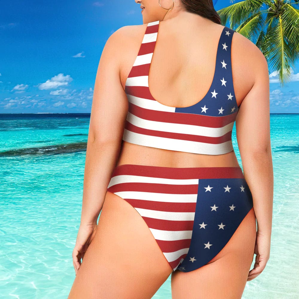 Custom #Plus Size Sport Bikini-Custom Face American Flag Plus Size Swimsuit Scoop Neck Sport Top High Waisted Bikini Plus Size Swimwear Personalized Women's Two Piece Swimsuit Beach Outfits - YesCustom