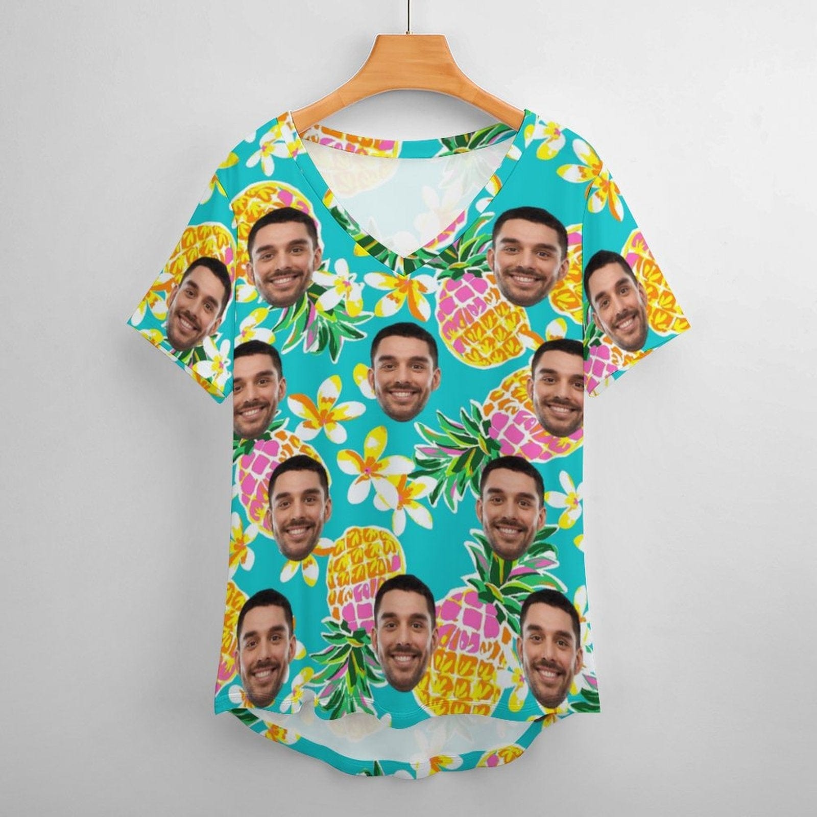 Custom #Plus Size T-shirt-Custom Face Pineapple Plus Size V Neck T-shirt for Her Print Your Own Face on Shirt for Vacation - YesCustom