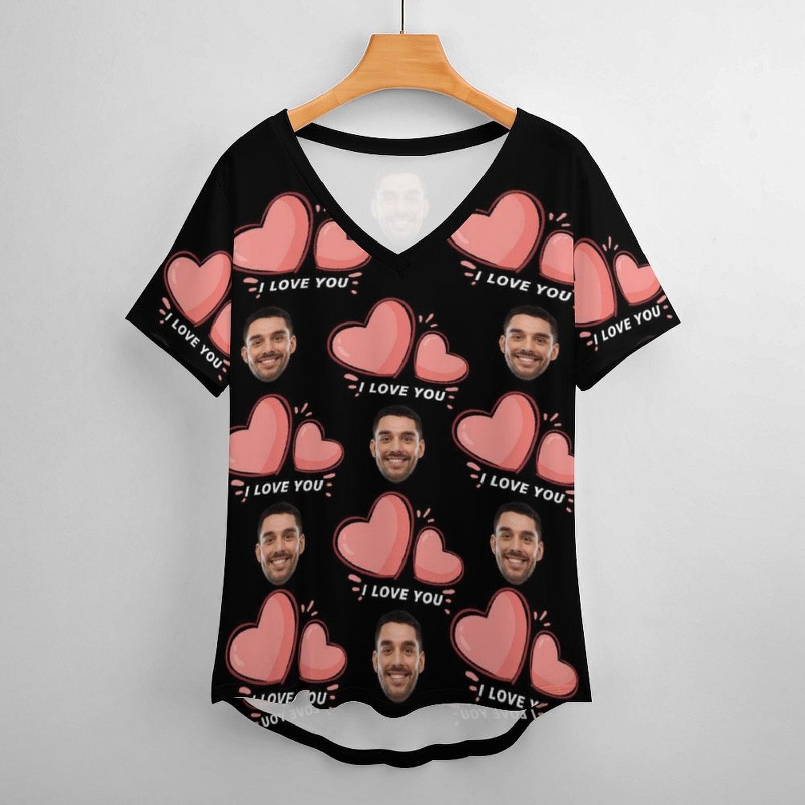 Custom #Plus Size T-shirt-Custom Face Pink Love Plus Size V Neck T-shirt for Her Print Your Own Face on Shirt - YesCustom