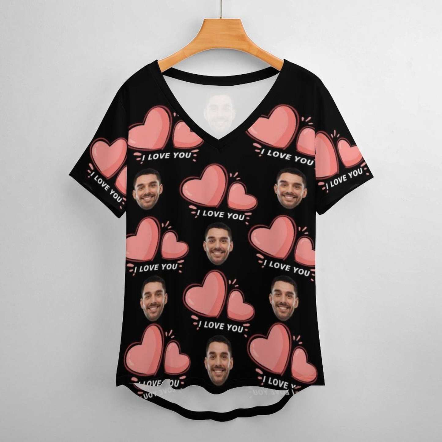 Custom #Plus Size T-shirt-Custom Face Pink Love Plus Size V Neck T-shirt for Her Print Your Own Face on Shirt - YesCustom