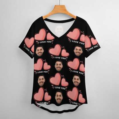 Custom #Plus Size T-shirt-Custom Face Pink Love Plus Size V Neck T-shirt for Her Print Your Own Face on Shirt - YesCustom