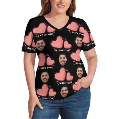 Custom #Plus Size T-shirt-Custom Face Pink Love Plus Size V Neck T-shirt for Her Print Your Own Face on Shirt - YesCustom