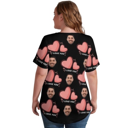 Custom #Plus Size T-shirt-Custom Face Pink Love Plus Size V Neck T-shirt for Her Print Your Own Face on Shirt - YesCustom