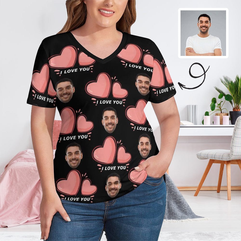 Custom #Plus Size T-shirt-Custom Face Pink Love Plus Size V Neck T-shirt for Her Print Your Own Face on Shirt - YesCustom