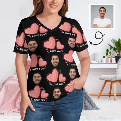 Custom #Plus Size T-shirt-Custom Face Pink Love Plus Size V Neck T-shirt for Her Print Your Own Face on Shirt - YesCustom