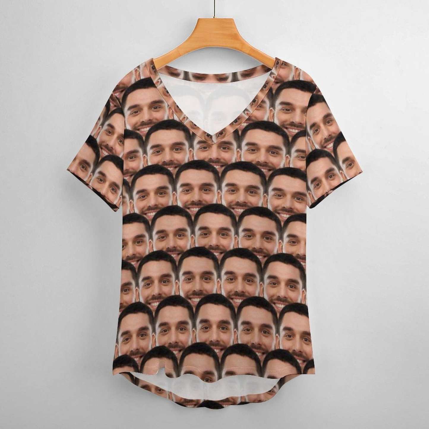 Custom #Plus Size T-shirt-Custom Face Seamless Boyfriend Plus Size V Neck T-shirt for Her Design Your Own Shirt Gift - YesCustom