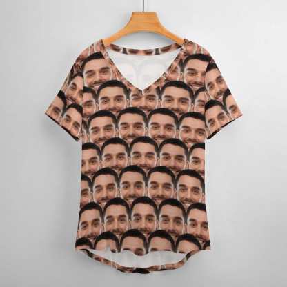 Custom #Plus Size T-shirt-Custom Face Seamless Boyfriend Plus Size V Neck T-shirt for Her Design Your Own Shirt Gift - YesCustom